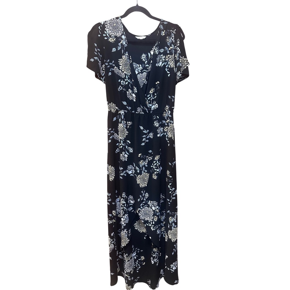 Candies Floral Maxi Romper Dress Black Short Sleeve Surplice V-Neck Womens Large